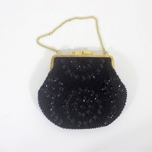 Vintage Black Beaded Evening Clutch with Gold Frame